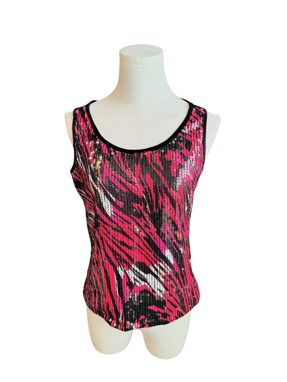 Peter Nygard Sequined Shiny Red Black and White Zebra Print Tank Top Size Small